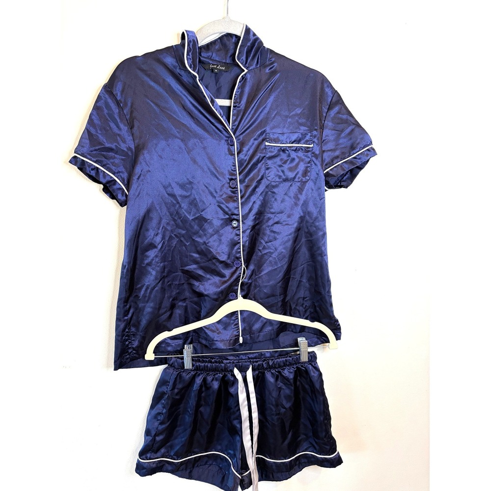 Just Love Womens Navy Blue Satin Pajama Set Short Sleeve Button Up Shorts M